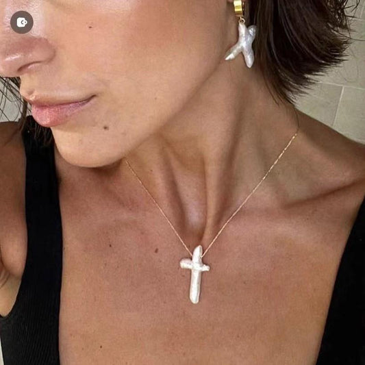 Fish Eye Pearl Cross Necklace & Earrings Set | Baroque Irregular Pearl Design for a Bold and Stylish Statement Choker