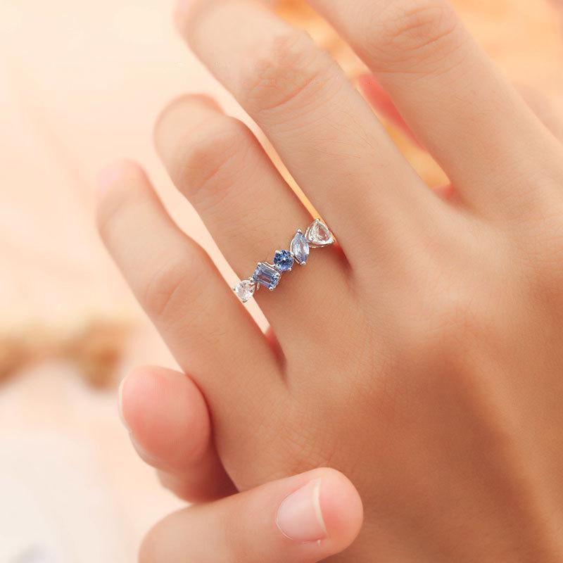 Blue Rainbow Zircon Ring – Gold-Plated Colorful Zircon Stones Jewelry for Women | Unique Small-Batch Valentine's Day Gift